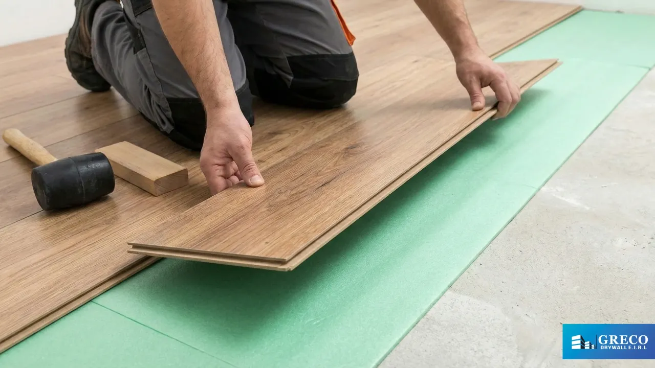 Fase de preparación esencial: Aplicación de pasta autonivelante sobre el sustrato de concreto. Este paso corrige desniveles e imperfecciones, creando una base perfectamente lisa y uniforme, crucial para garantizar la durabilidad y el correcto asentamiento del nuevo piso laminado o vinílico.