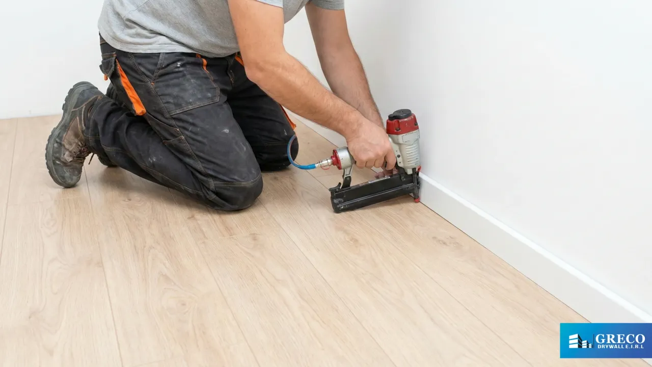 Acabado final con la instalación de zócalos (rodapiés) blancos. El instalador utiliza una clavadora neumática para fijar las molduras, cubriendo la junta de dilatación perimetral y proporcionando una transición estética y limpia entre el nuevo piso y la pared.