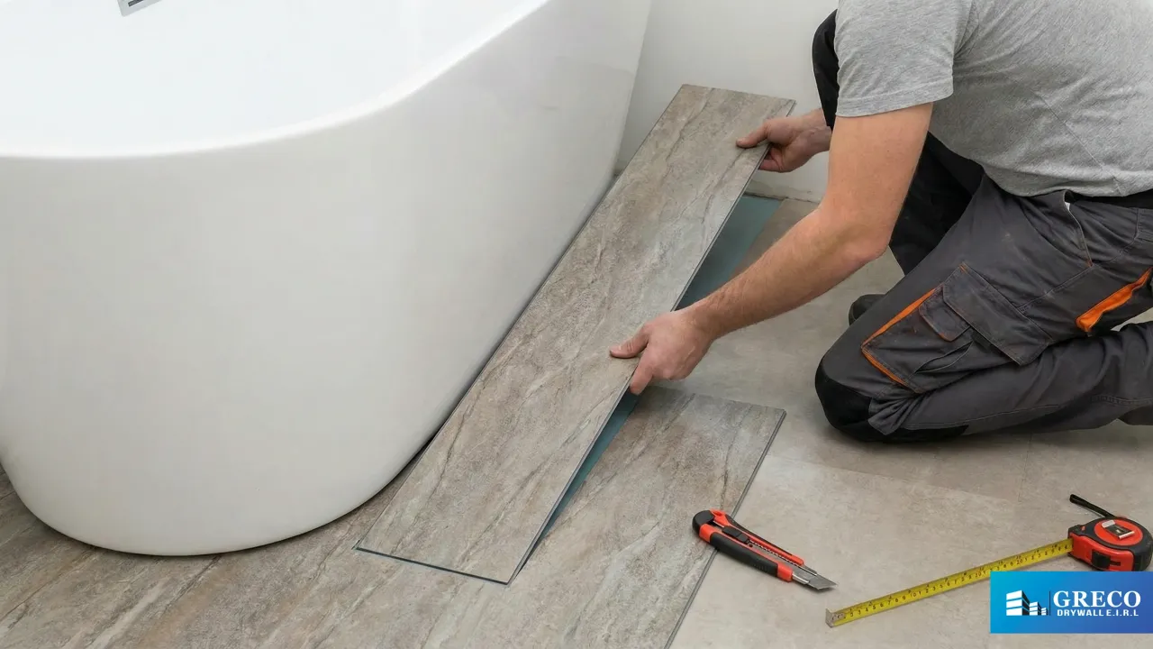 Colocación de piso vinílico SPC (Stone Plastic Composite) impermeable en un cuarto de baño. Este material es ideal para zonas húmedas por su resistencia al agua. La imagen muestra el corte y ajuste preciso de las piezas alrededor de los sanitarios para un acabado impecable.