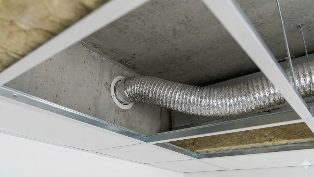 Integración del sistema de ventilación en el plenum (cámara de aire). Se instala un ducto flexible conectado a una salid