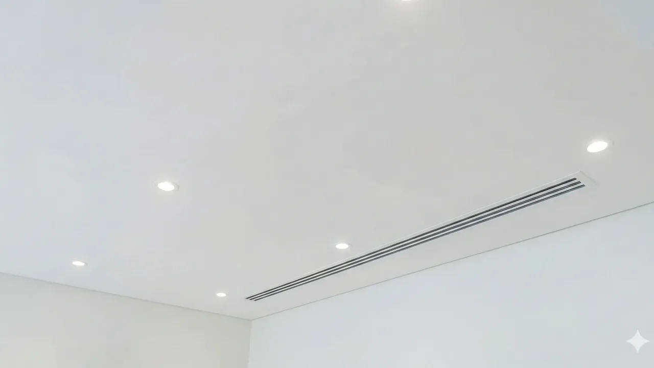 Acabado moderno en cielo raso continuo de Drywall. Se aprecia una superficie lisa y minimalista con luminarias empotrada