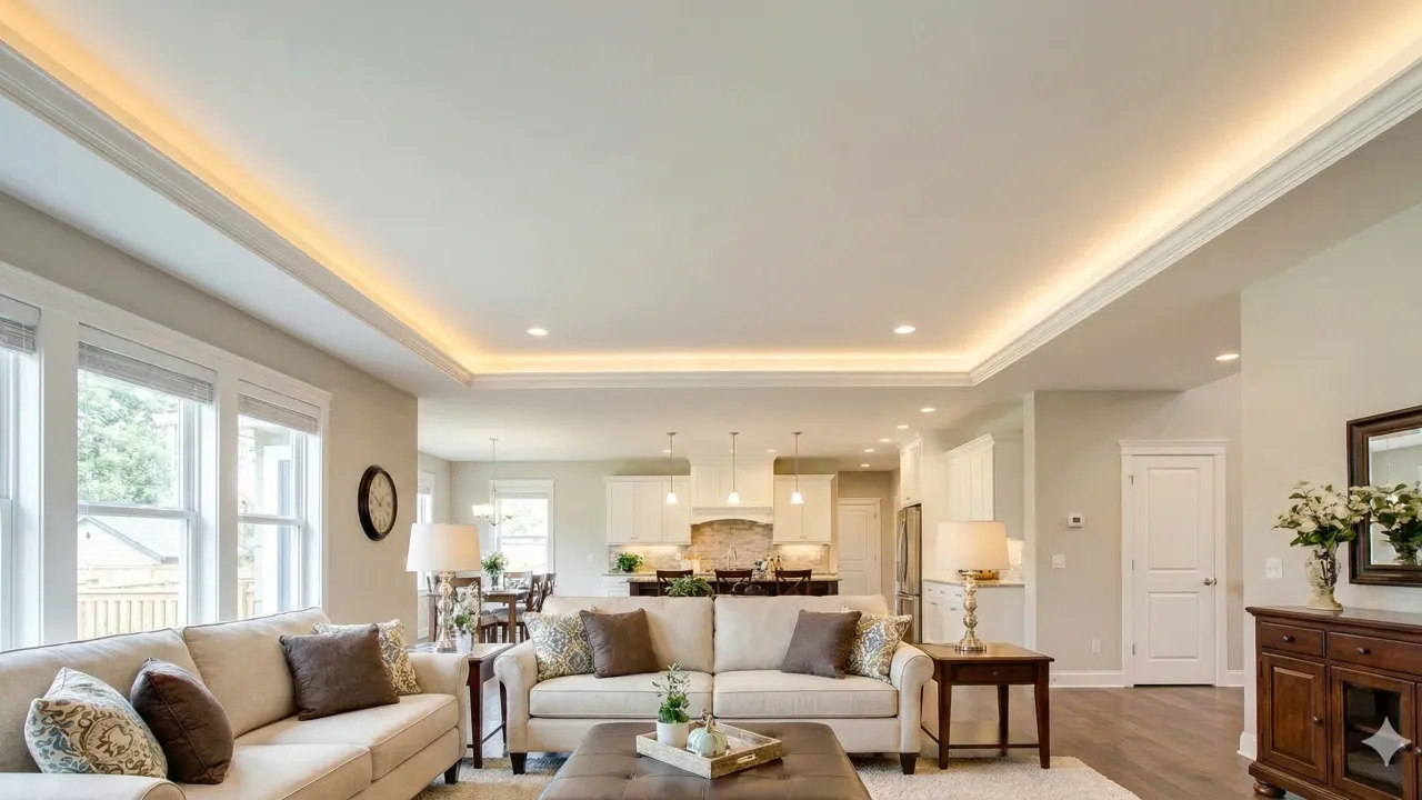 El resultado final: Un ambiente residencial elegante y confortable. Gracias a la instalación integral de cielo raso con 