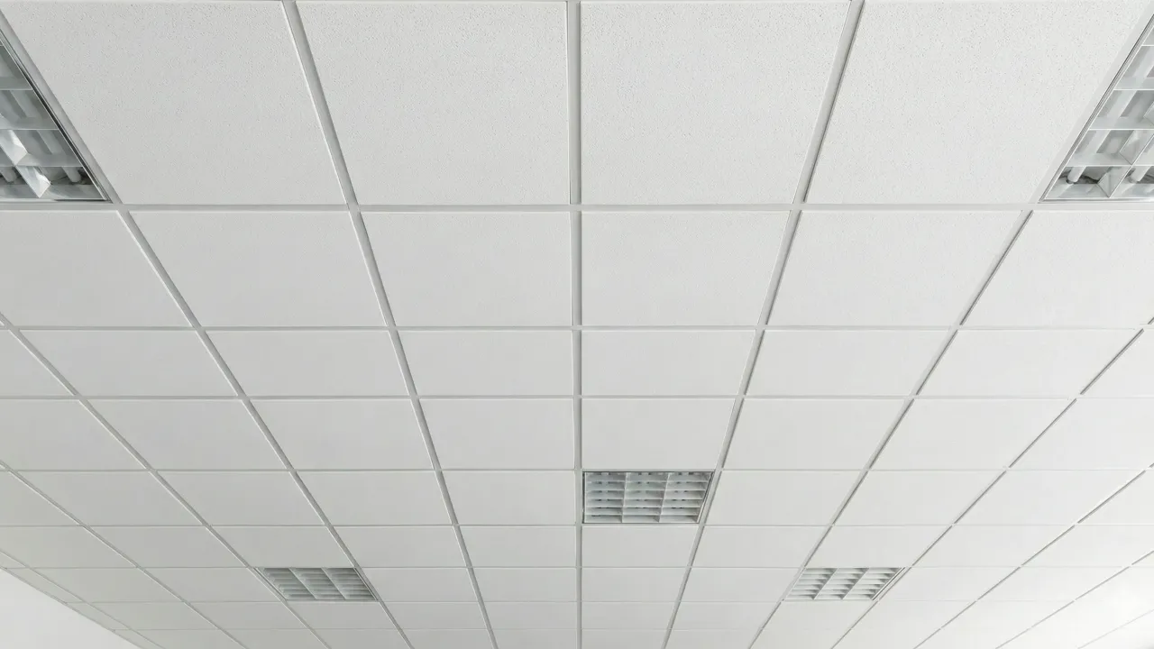 Cielo raso finalizado con sistema modular de baldosas. Este acabado es ideal para espacios comerciales, permitiendo un f