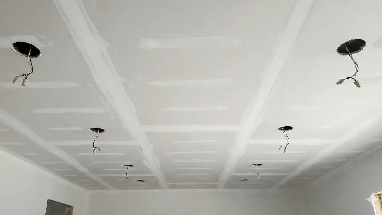 Esta imagen muestra un cielorraso de drywall recién terminado (con el masillado de juntas visible) y listo para recibir 