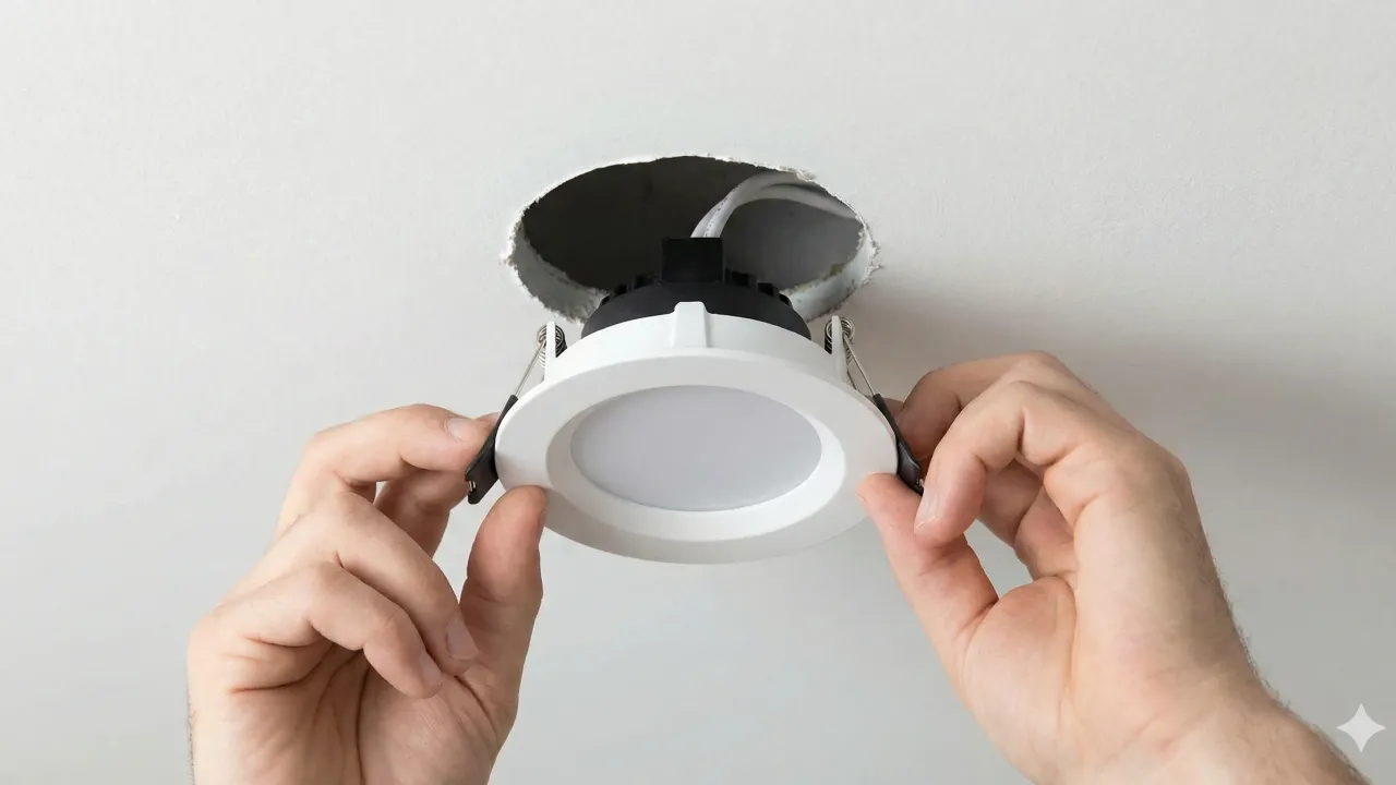 Aquí vemos la fase de terminación, donde un técnico instala una luminaria LED empotrable en el cielorraso de drywall ya 