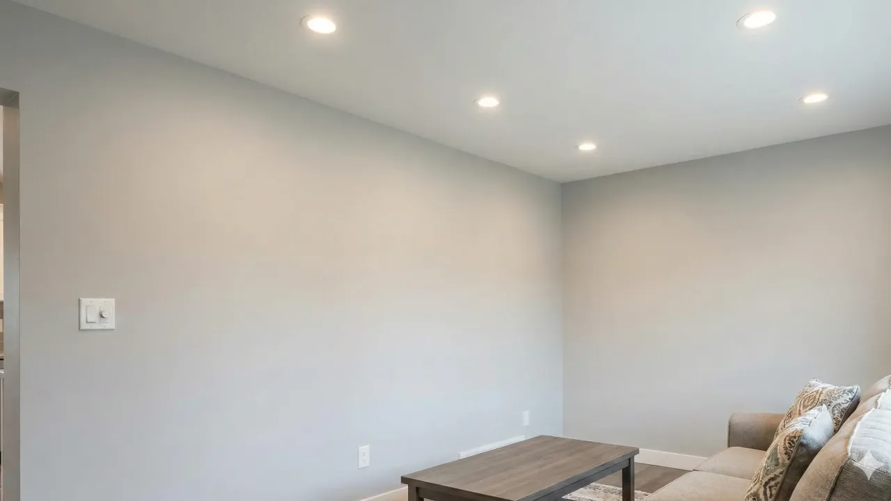 Finalmente, la imagen del proyecto terminado. Un salón moderno donde las paredes y el cielorraso de drywall están impeca