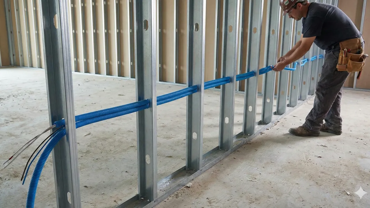 Esta imagen muestra la fase inicial de la instalación. Se aprecia cómo las tuberías corrugadas para el cableado eléctric