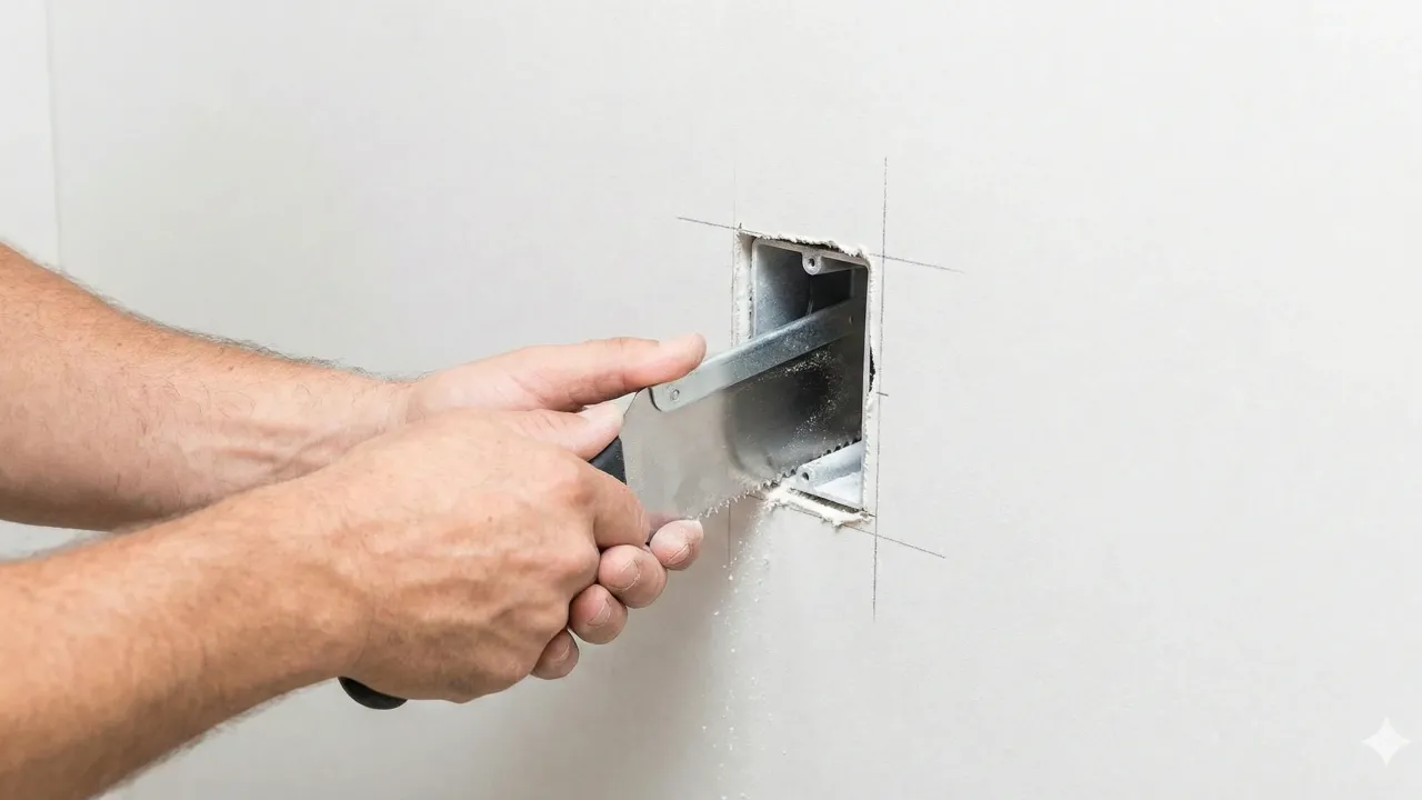 Aquí vemos el trabajo artesanal y preciso de un instalador cortando la placa de drywall para alojar una caja eléctrica. 