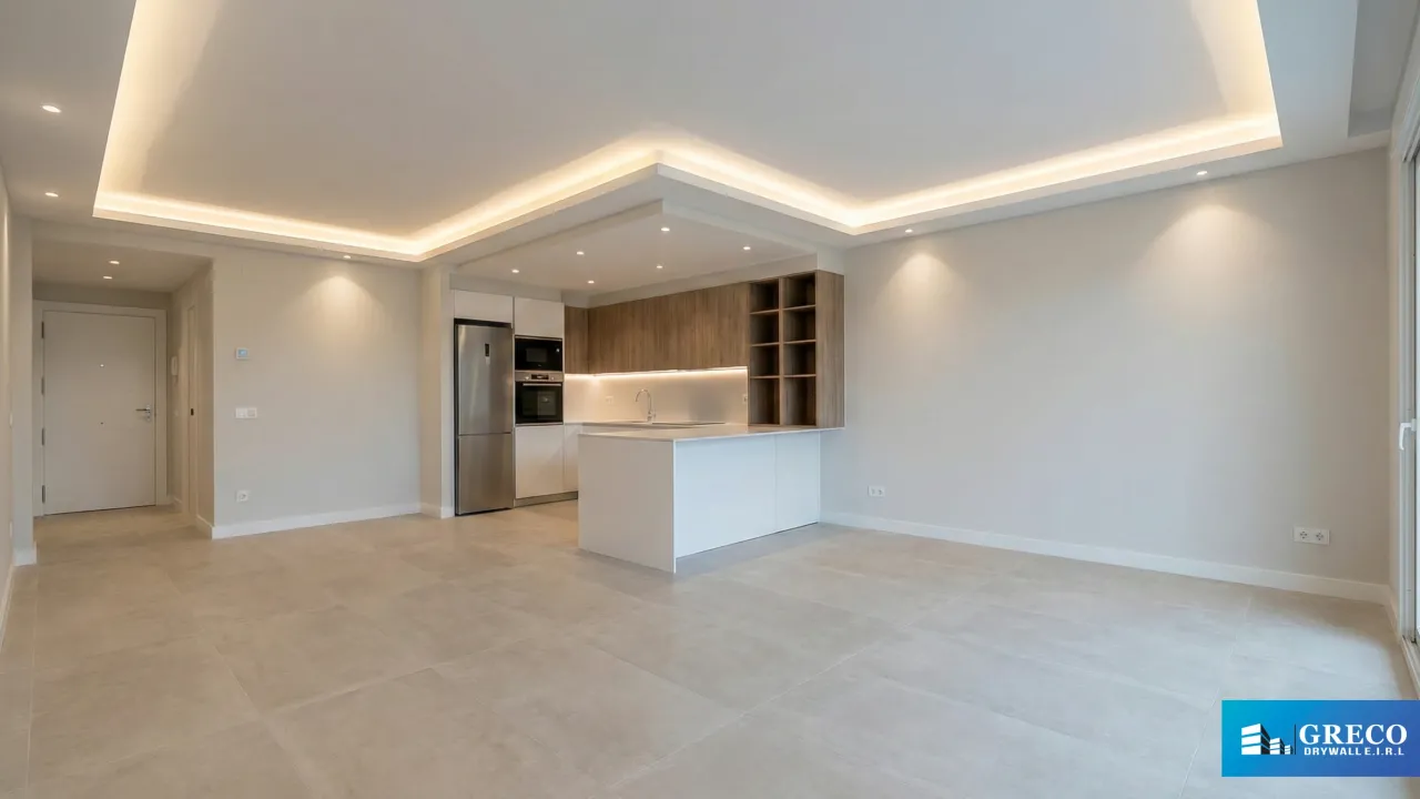 El resultado final de una remodelación integral. Un espacio moderno y elegante que supera las expectativas, mostrando la calidad superior de nuestros acabados. Destacan los trabajos de diseño en techos de drywall con iluminación indirecta LED y la instalación impecable de pisos de porcelanato, todo entregado llave en mano y listo para disfrutar.