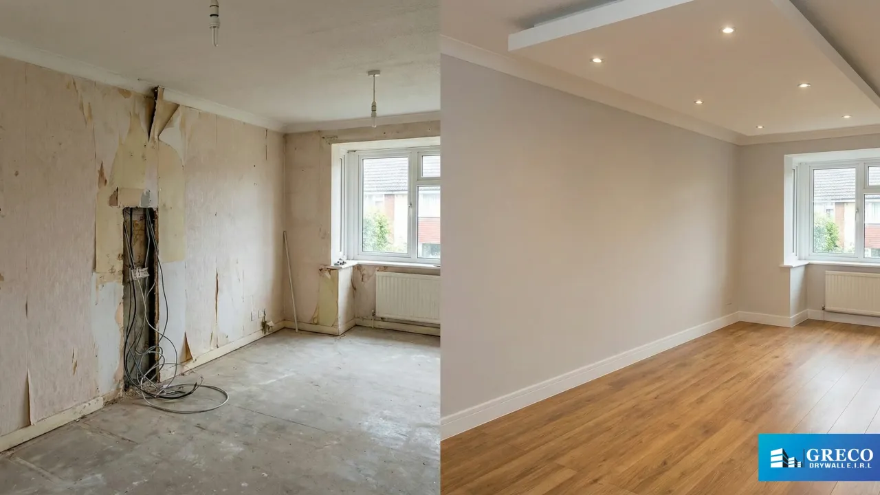 Visualización del impacto de nuestro servicio integral. La imagen muestra el drástico cambio de un espacio deteriorado a una sala de estar moderna y acogedora. Se evidencia nuestra capacidad para gestionar todo el proceso: desde el saneamiento de paredes y la nueva instalación eléctrica, hasta el acabado final con cielos rasos de drywall, iluminación integrada y pisos nuevos.