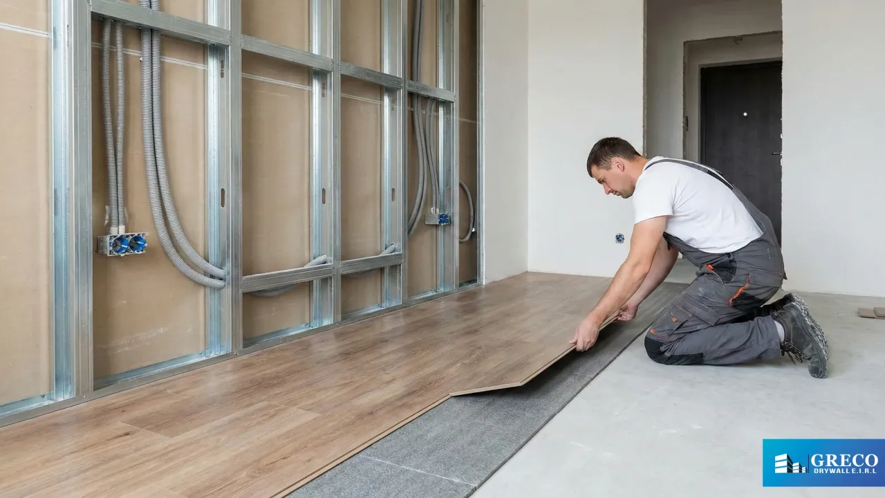 Ejecución de obra integral en proceso. Se aprecia la perfecta coordinación de especialidades: la estructura de drywall está lista con las instalaciones eléctricas entubadas en su interior, mientras simultáneamente se avanza con la instalación de revestimiento de piso. Esto demuestra cómo gestionamos múltiples tareas para cumplir los plazos sin sacrificar calidad.